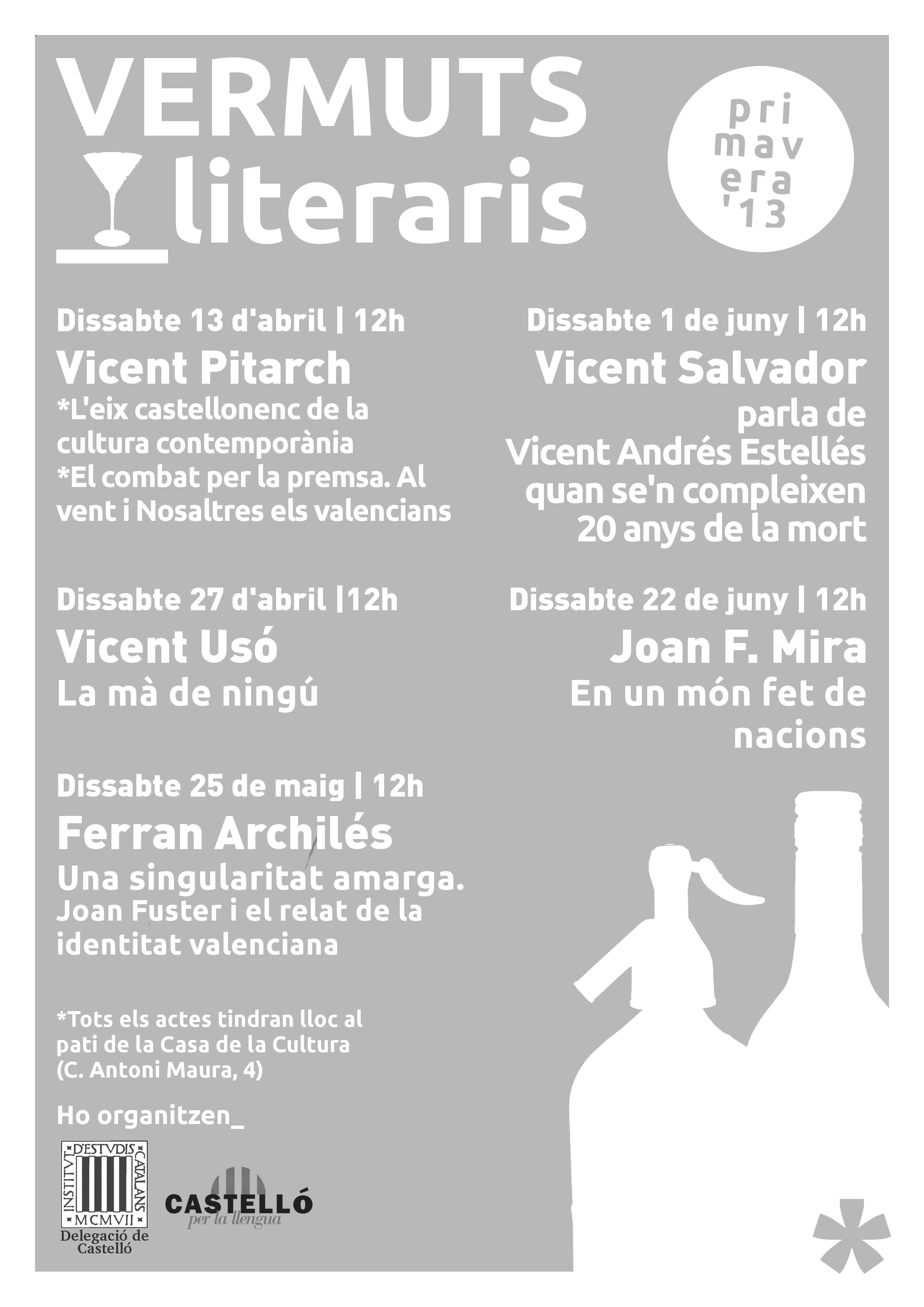 Vicent Pitarch inaugurarà els Vermuts Literaris de l’IEC i Castelló per la Llengua aquest dissabte a les 12h al pati de la Casa de Cultura